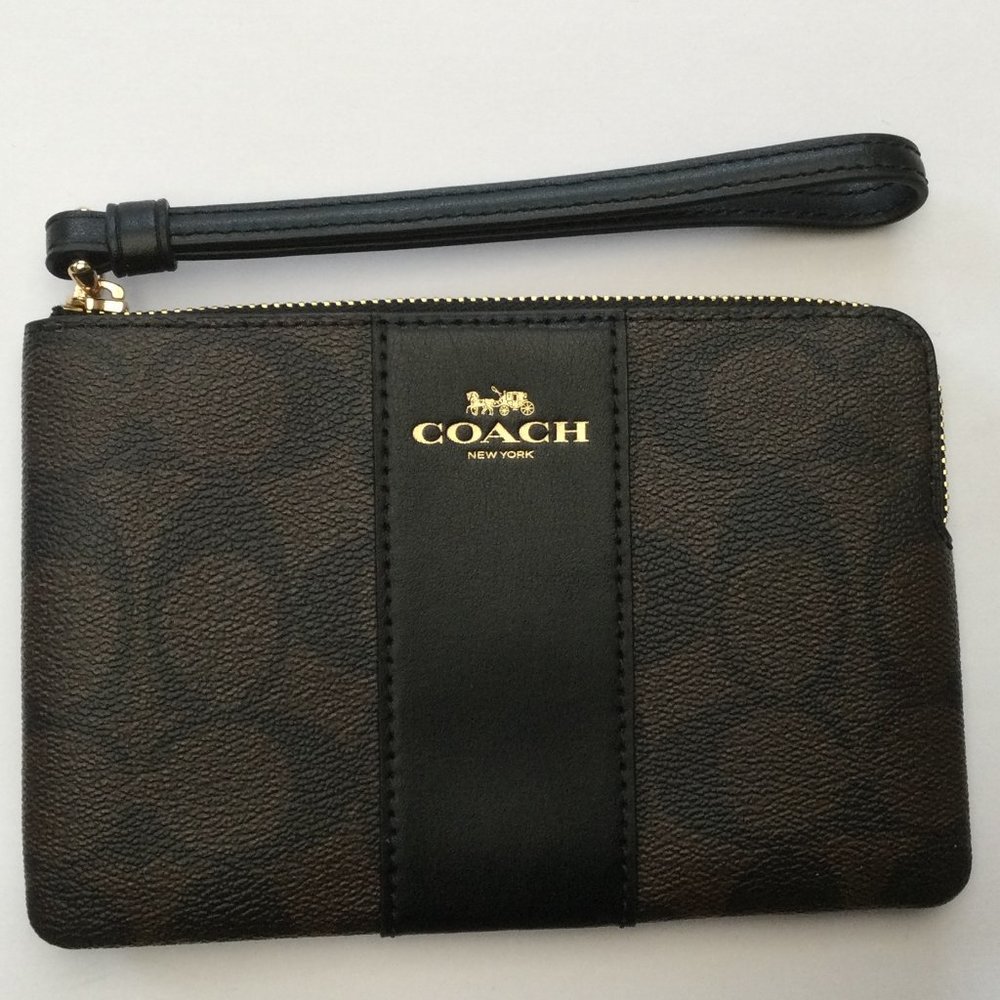 Coach NWT Authentic Woman's Corner Zip Wristlet Signature PVC Brown/Black